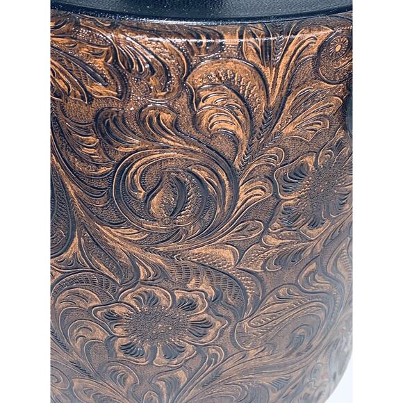Ice Bucket Irvinware Dark Brown Faux Tooled Leather Floral Design 7.5" USA EUC - Picture 2 of 11